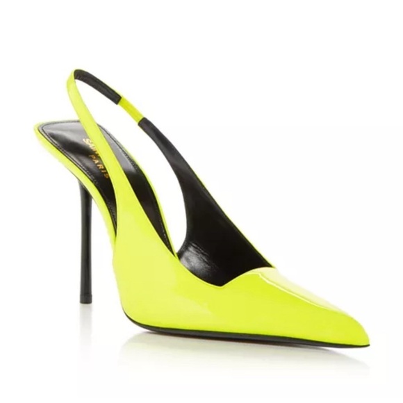 Saint Laurent Kiss 105 Leather Slingback Highlighter Yellow Pumps SZ 8.5 - Picture 2 of 14